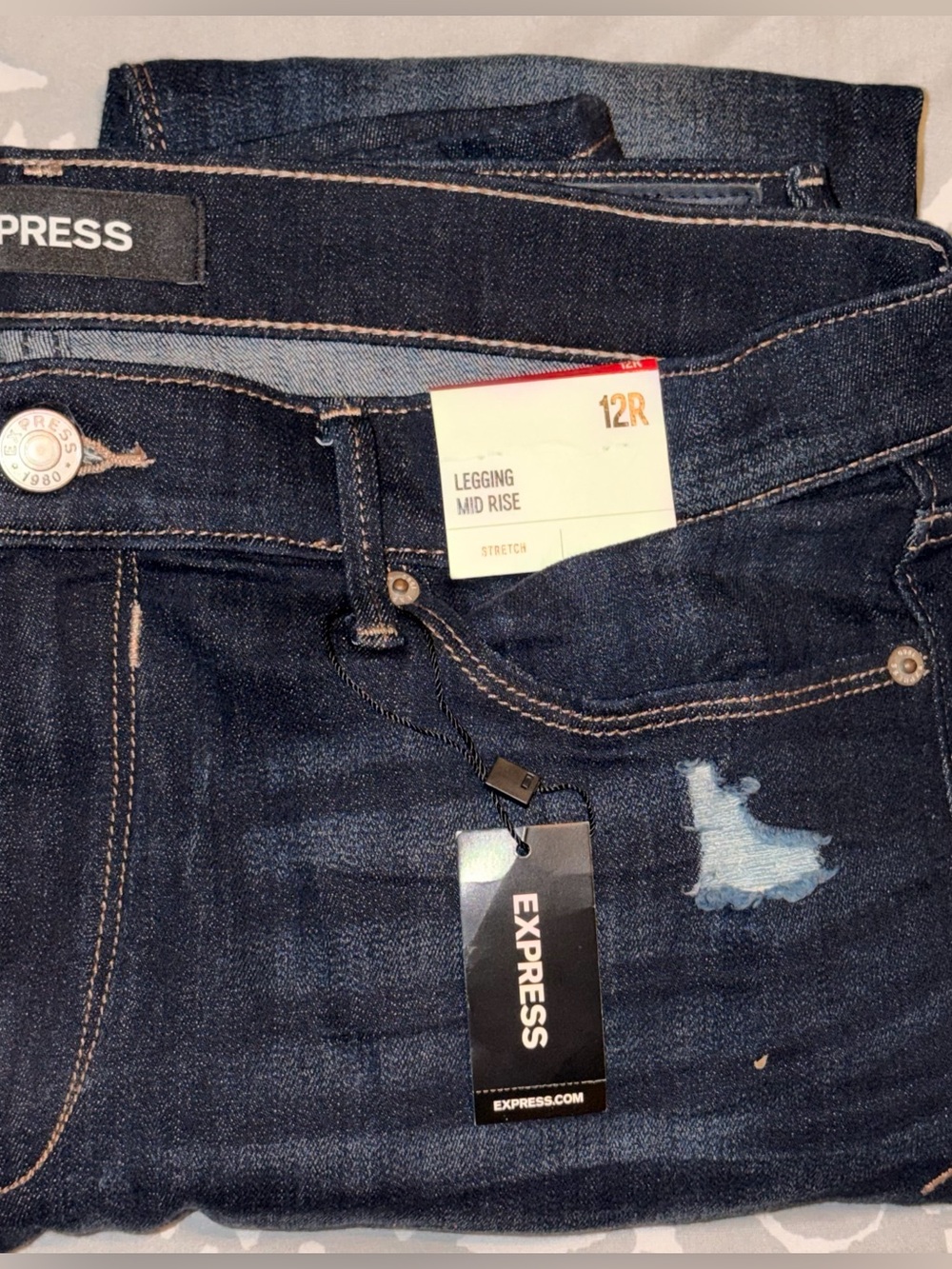 New Express Dark Indigo Legging Jeans with Light Distress, Soft and Stretchy, 12